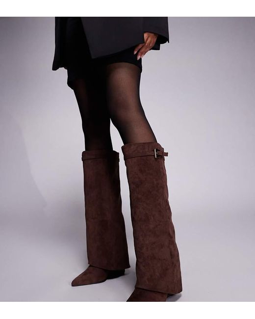 Public Desire Brown Public Desire Kola Wide Fit Wedge Heel Foldover Knee Boots