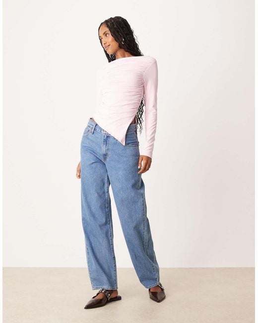 ASOS White Ruched Side Asymmetric Hem Long Sleeve Top