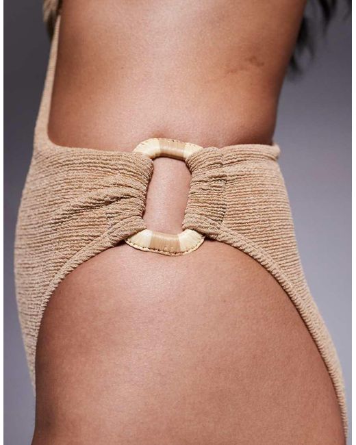 ASOS Natural Eloise Textured Cut Out Swimsuit With Raffia Trim