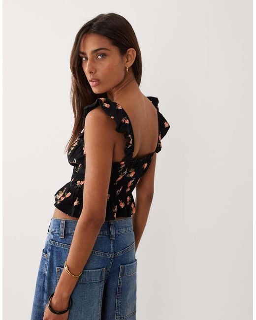 Miss Selfridge Black Ditsy Print Shirred Top With Ruffle Sleeve-multi