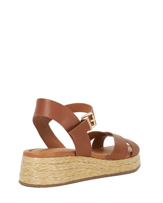 Dune Brown Littleton Leather Raffia Flatform Sandals