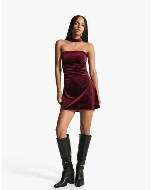 Bershka Red Velvet Bandeau Mini Dress With Scarf