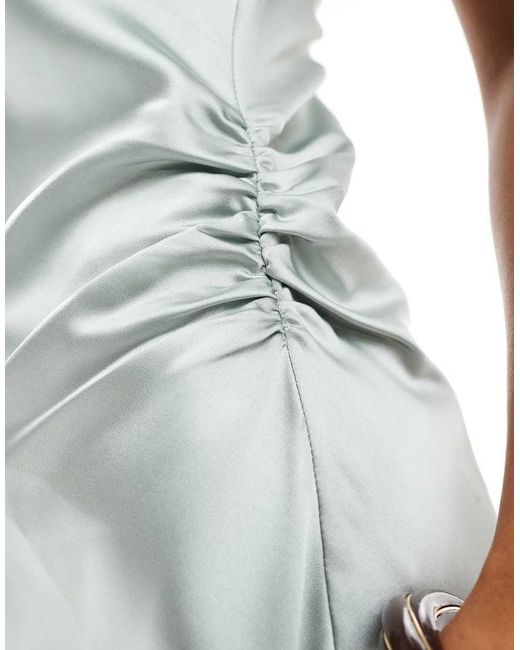 4th & Reckless White Gathered Waist Drape Detail Slash Neck Satin Maxi Dress