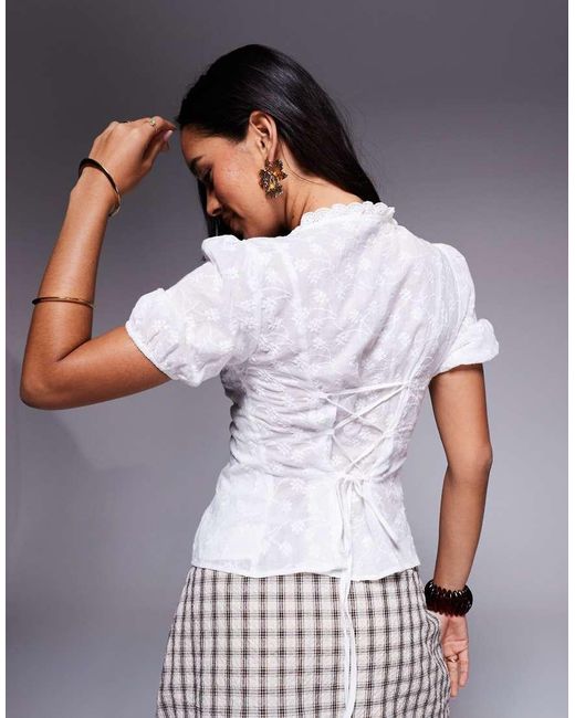 Princess Polly White Sez Embroidered Lace Trim Puff Sleeve Tie Split Front Top