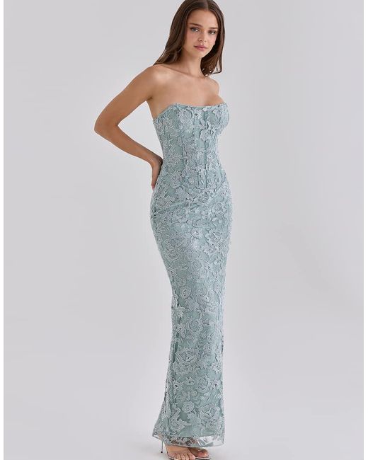 House Of Cb Blue Anisa Jade Hand Beaded Embellished Strapless Maxi Dress