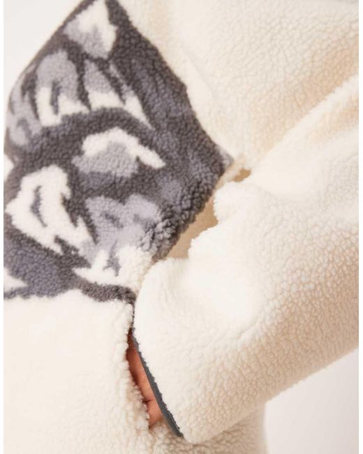 ASOS Natural Borg Half Zip Fleece With Placement Mountain Print