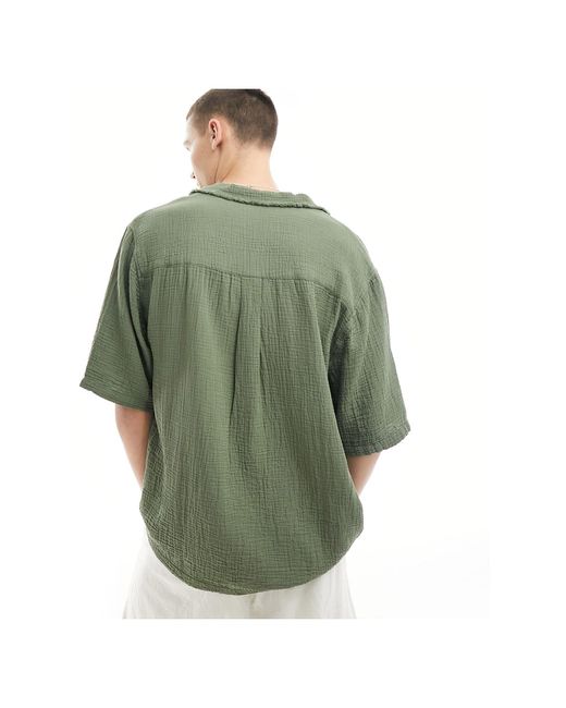 Collusion Green Textured Oversized Revere Short Sleeve Shirt With Raw Seam Detail for men