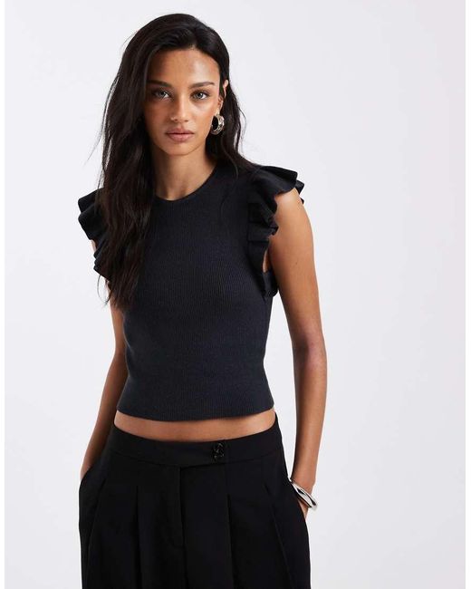 Mango Black Teen Frill Sleeve Knitted Top