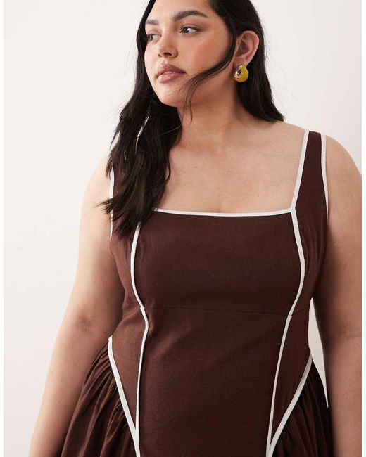 ASOS Brown Asos Design Curve Square Neck Midi Sundress With Sculpted Bust And Contrast Piping