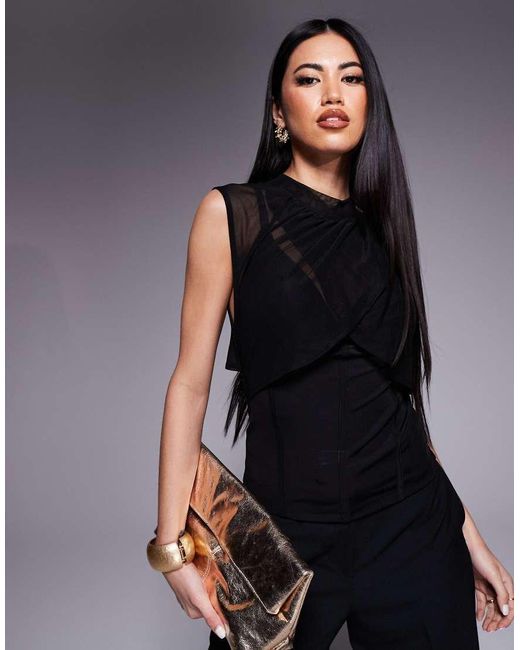 ASOS Black Mesh Cross Over Drape Corset Top