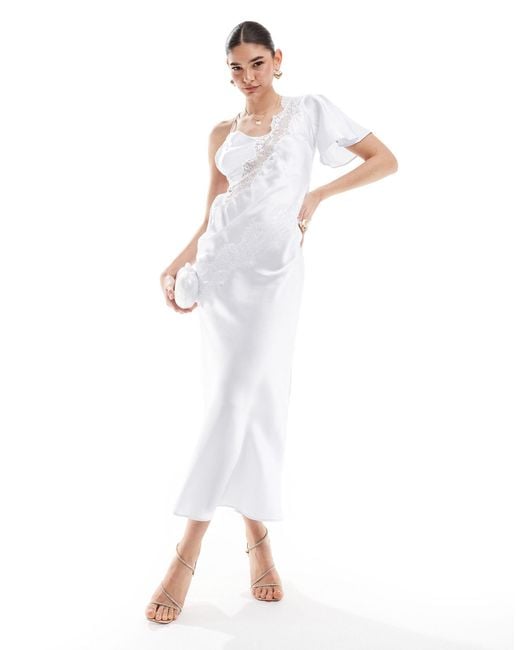 ASOS White Satin Lace Insert One Sleeve Maxi Dress With Cross Back