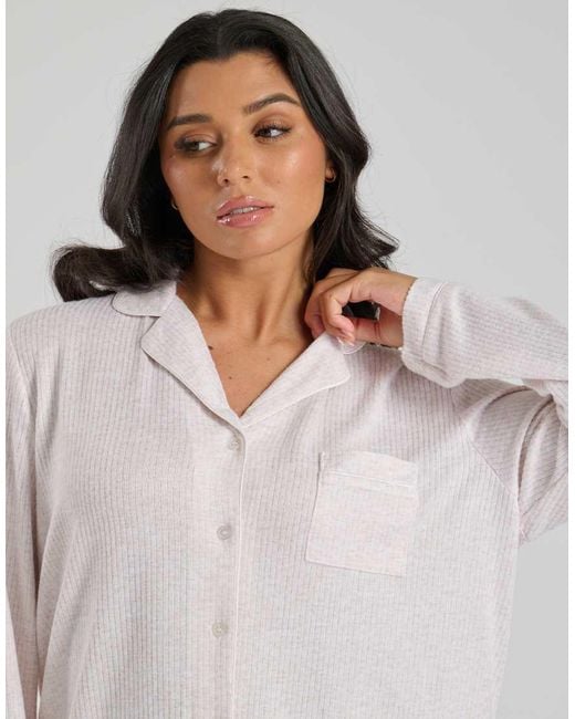 Loungeable White Marl Brushed Knit Rib Traditional Pyjama Set