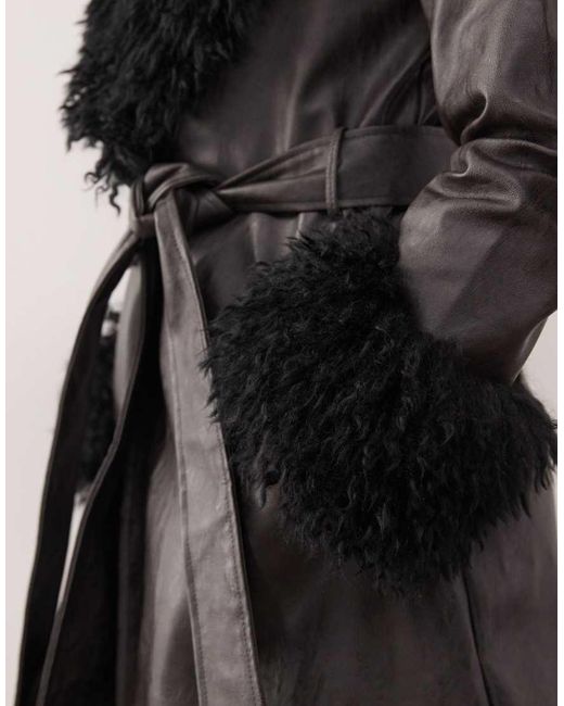 Reclaimed Vintage Black Longline Leather Look Trench Coat With Faux Fur Collar And Cuffs