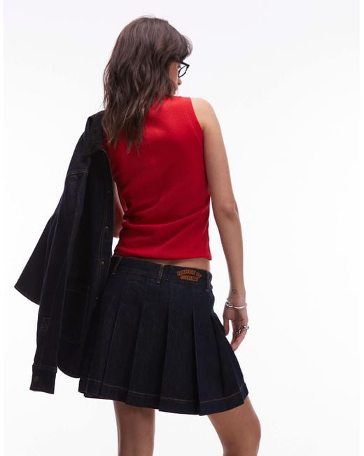 House Of Sunny Red Pleated Denim Mini Skirt