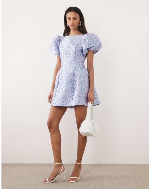 Sister Jane Blue Jacquard Puff Sleeve Mini Dress