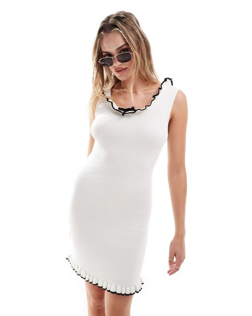 ASOS White Knitted Mini Dress Contrast Trims And Tie Detail