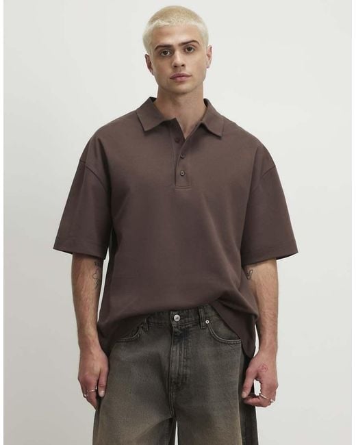 River Island Brown Boxy Fit Button Polo Shirt for men
