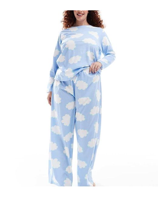 ASOS Blue Asos Design Curve Cloud Long Sleeve Top & Trouser Pyjama Set