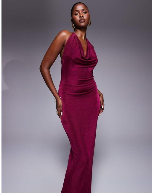 Aria Cove Purple Double Layered Slinky Deep Cowl Neck Open Tie Back Maxi Dress