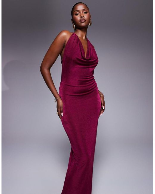 Aria Cove Maxi-Jurk Met Dubbele Laag, Diepe Gedrapeerde Halslijn En Open Achterkant Met Strik in het Purple