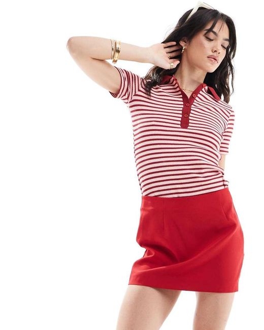 Mango Red Stripe Polo Neck Top