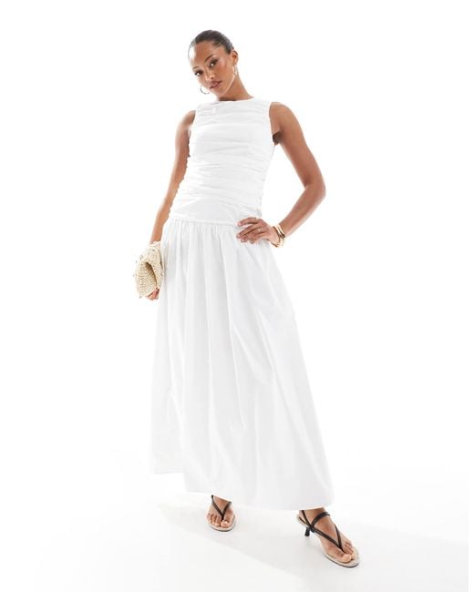 4th & Reckless White Ruched Poplin Sleeveless Drop Waist Maxi Dress