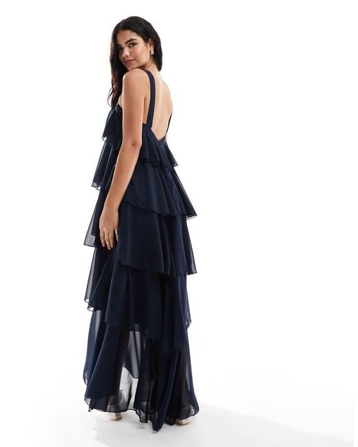 Vero Moda Blue Felicia Halter Neck Tiered Maxi Dress With Corsage Detail