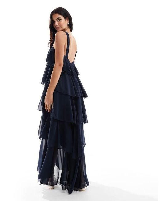 Vero Moda Blue Felicia Halter Neck Tiered Maxi Dress With Corsage Detail