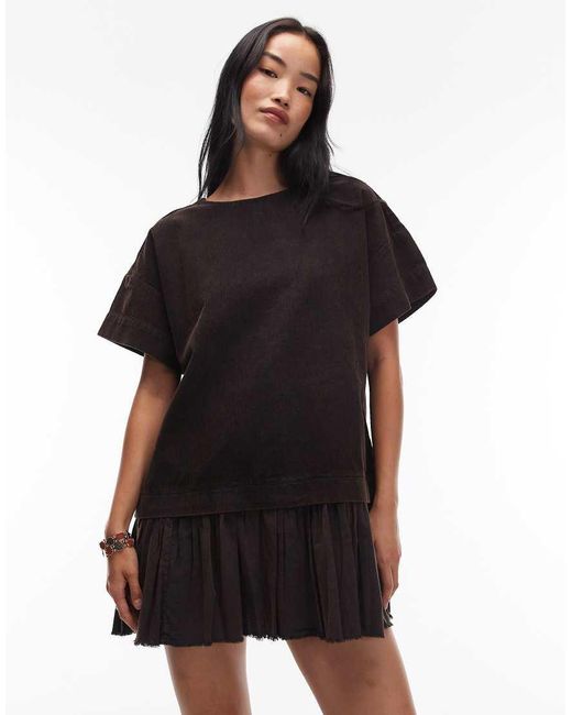 Vestido Corto Negro Lavado De Estilo Camiseta Con Diseño Híbrido De Pana De ASOS de color Black