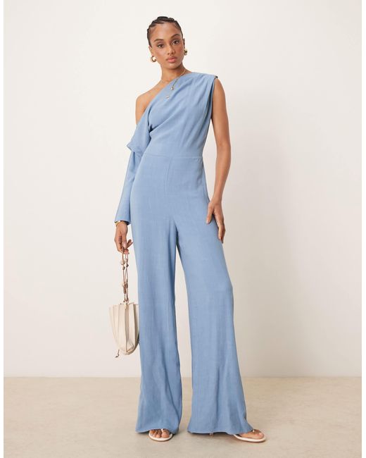 ASOS Blue Asos Design Tall Linen Fallen Shoulder Jumpsuit