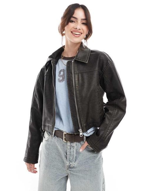 Pull&Bear Black Western Style Faux Leather Jacket With Tie Detail