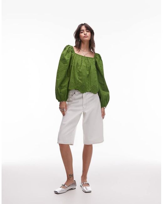 TOPSHOP Green Cutwork Long Sleeve Top
