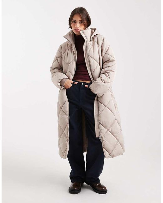 Miss Selfridge Natural Quilted Hooded Maxi Puffer Coat