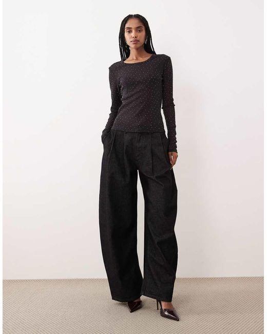 Gina Tricot Doorschijnende Slim-Fit Top Met Lange Mouwen En Strass-Steentjes in het Black
