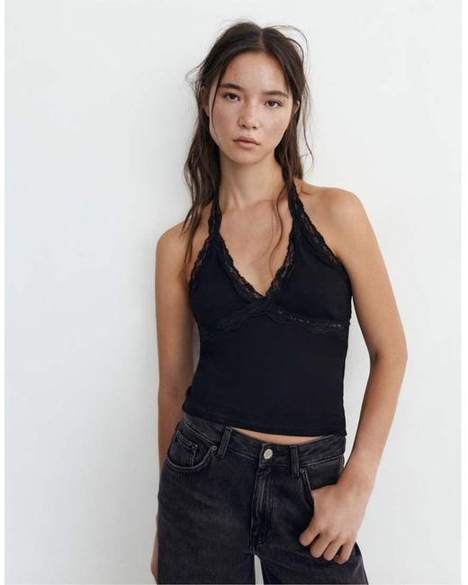 Pull&Bear Blue Lace-trimmed Halter Top
