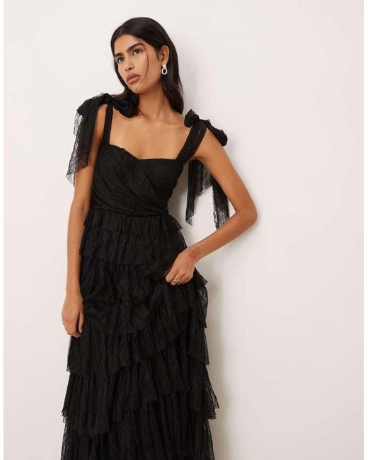 LACE & BEADS Brown Lace Bow Shoulder Tiered Maxi Dress