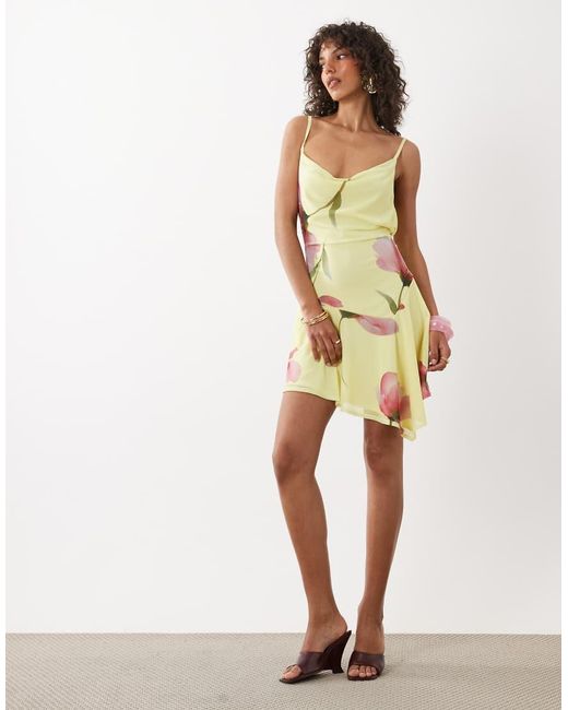 Miss Selfridge Yellow Cowl Neck Mini Dress With Asymmetric Hem