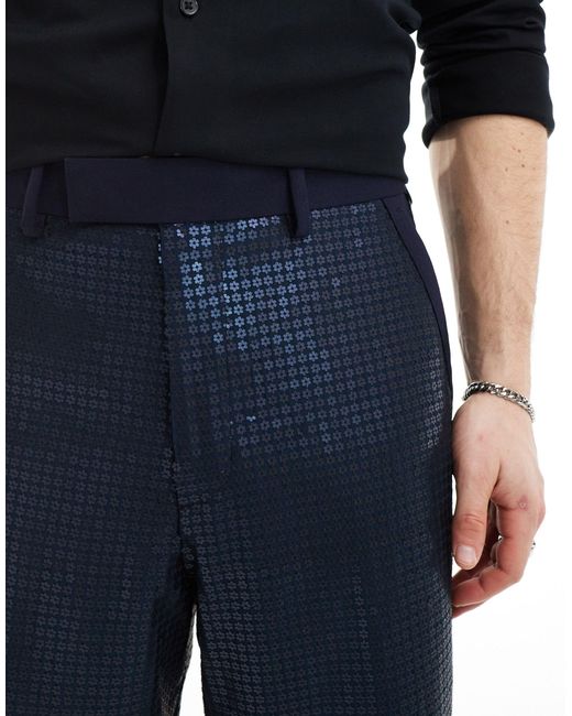 ASOS Blue Wide Leg Smart Trousers With Floral Sequins for men