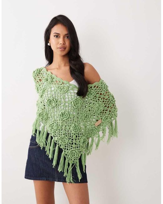 Kiwi & Co Green Hand Knitted Crochet Floral Detail Off Shoulder Fringe Poncho
