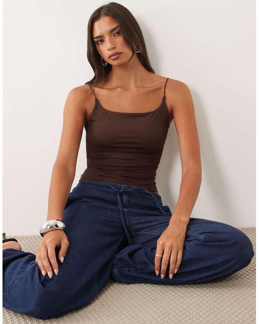 ASOS Blue Slinky Lace Trim Square Neck Cami Top