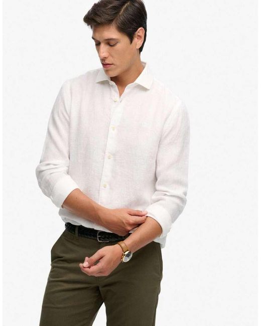 Superdry White Riviera Long Sleeve Linen Shirt for men