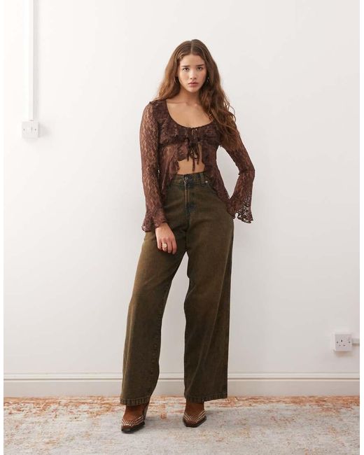 Reclaimed Vintage Brown Lace Long Sleeve Ruffle Top