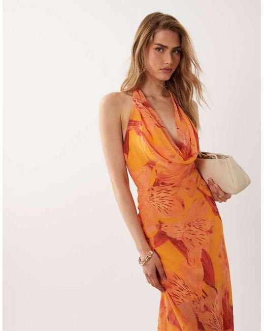 New Look Orange Floral Halter Neck Maxi Dress