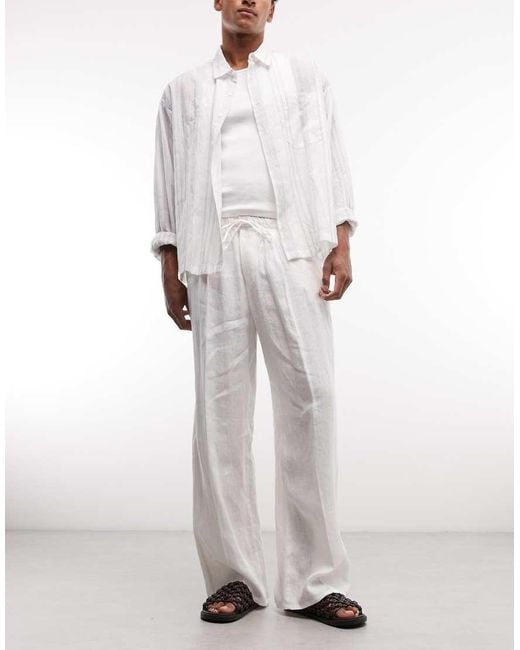 Weekday White Loose Fit Linen Trousers for men