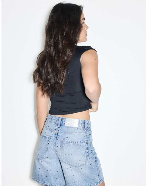 Stradivarius Blue Denim Bermuda Shorts With Rhinestones