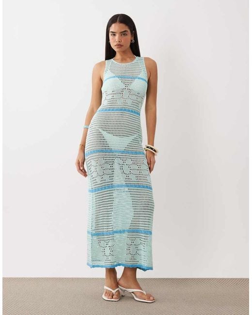 Kiwi & Co Blue Open Floral Crochet High Neck Sleeveless Maxi Beach Dress
