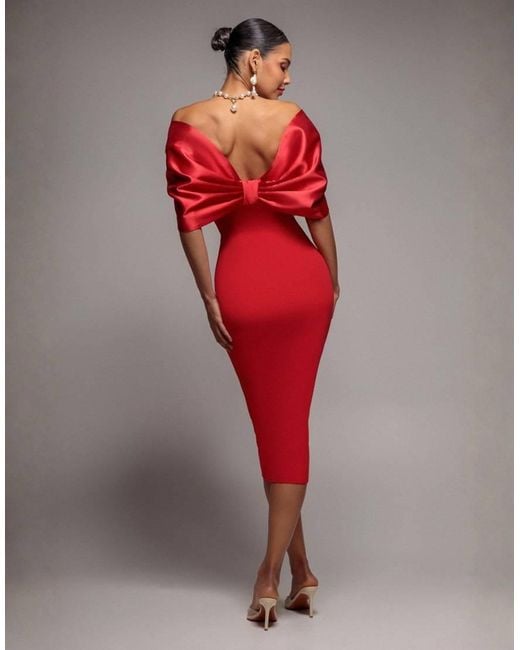 Goddiva Red Off Shoulder Back Satin Bow Wrap Crepe Midi Dress