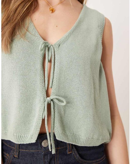 ASOS Blue V Neck Knitted Tank Top With Bow Tie Front
