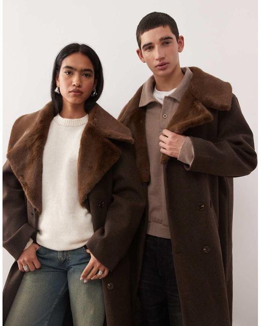 Reclaimed Vintage Brown Unisex Wool Look Formal Longline Coat With Faux Fur Collar