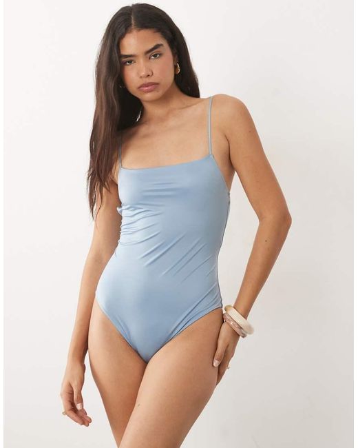 ARKET Blue Shiny Square Neck One-piece Swimsuit